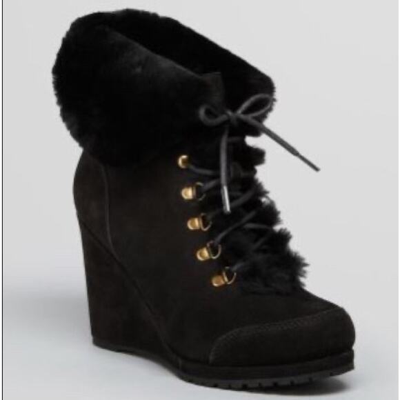 LK Bennett Shoes - NWT L.K. Bennett Cecily Suede Shearling Ankle Wedge Boots Black Women's 38.5